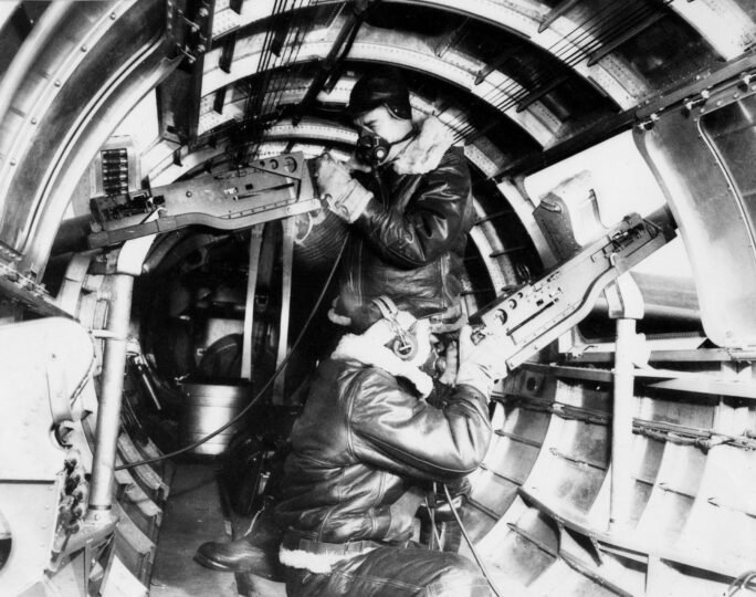 B-17 gunners wearing bulky sheep-shearling flying clothing to protect against the deadly cold at the altitudes typically flown in Europeat 25,000 feet, the temperature could drop below -60 degrees Fahrenheit. (U.S. Air Force photo)